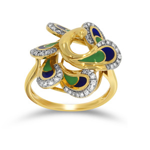 Anillo de Diseño de Lujo para Mujer, Chapado en Oro Amarillo, Inspirado en Plumas de Pavo Real, con Esmalte Azul Verde y Circonita Cúbica - Product Image 1