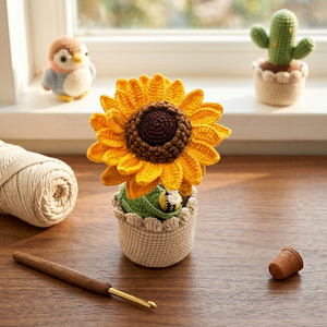 Venta al por mayor: Planta de girasol de ganchillo hecha a mano en maceta, decoración floral tejida, muñeco de girasol Amigurumi, flor de hilo, regalo, decoración adorable - Product Image 1