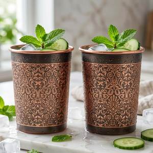 Copper Straight Cups Hammered Finish Bohemian Style Drinking Cup Set of 2 - Product Image 1