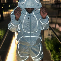 Ensemble de survêtement réfléchissant pour homme : veste à capuche et short, style streetwear oversize, techwear, tenue décontractée sport deux pièces, vente en gros