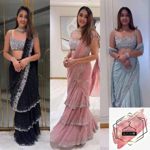 Lehenga Saree Listo para Usar, Georgette Sintético con Hilo y Lentejuelas, Lehenga Saree con Hilo y Blusa con Bordado de Encaje - Product Image 3