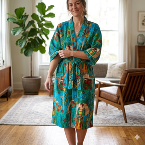 Robe kimono en coton tissé à la main pour femme, imprimé floral, col en V, longue, avec ceinture, peignoir, vêtements de détente, vêtements de nuit avec poches - Product Image 2