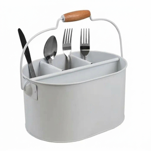 Porta Utensilios de Metal Blanco con Asa de Madera, Organizador de Cubiertos con Compartimentos para Cocina, Diseño y Estilo Rústico - Product Image 1