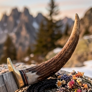 Couteau de chasse artisanal en acier Damas, manche en corne, avec étui en cuir - Product Image 3