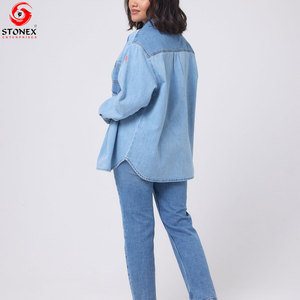 Factory Direct Women's Denim <b>Shirt</b> With Pocket Button Down Long Sleeve Oversized <b>Western</b> Style Jean Blouse Bulk Supply - Product Image 3