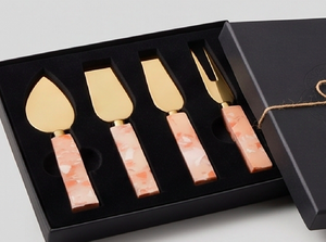 <b>Cheese</b> <b>Knife</b> <b>Set</b> With Pink Marble Resin Handle Gold Metal Blades Durable Dishwasher Safe For Kitchen Use And Hotel Use - Product Image 3