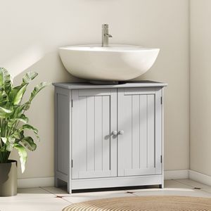 Mobile Bagno Grigio Chiaro in Legno Massello con Lavabo Integrato, 2 Ante, Specchio LED, Ripiano Regolabile, Installazione a Terra - Product Image 2