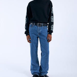 Unisex Extra Long Boot Cut <b>Stretch</b> Denim Jeans Zipper Fly High Street Hip Hop Style Pleated Effect Casual Stonewash Pants - Product Image 2