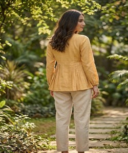 ชุดคุร์ตาผ้าลินินสำหรับผู้หญิง ทรงหลวม สวมใส่สบาย สีเหลืองมัสตาร์ด สไตล์อินเดีย-ปากีสถาน เหมาะสำหรับทุกฤดูกาล รุ่น 85493 LW-9334 - Product Image 2