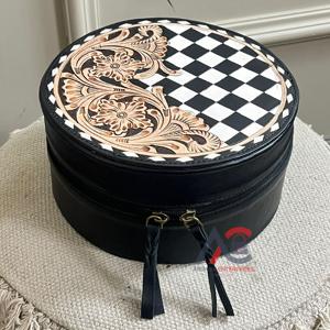 Étuis à bijoux ronds 2026 en cuir de vache véritable, motif floral artisanal, noir et blanc à carreaux, avec fermeture éclair, organisateur de maquillage - Product Image 1