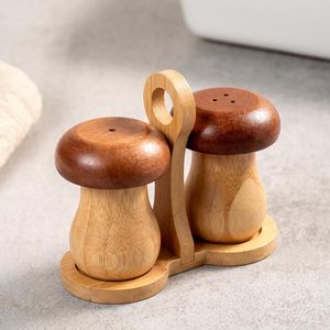 Juego de salero y pimentero de bambú estilo Japandi con tapa de madera y soporte - Product Image 1