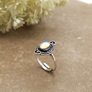 Vintage Oval Natural Moonstone Bezel <b>Set</b> Adjustable <b>Ring</b> Bohemian Oxidized 925 <b>Silver</b> Plated Ethnic Unisex Boho Jewelry Gift - Product Image 1