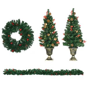 Set Natalizio Pre-Illuminato in 4 Pezzi con Luci LED Bianco Caldo, 2 Alberi Decorati, Bacche Rosse e Pigne, Set Decorativo per Feste Natalizie - Product Image 2