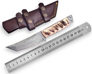 Couteau Tanto à lame fixe en acier Damas de qualité industrielle, fabriqué OEM, modèle Mortal Saga, avec manche en corne de cerf, pleine longueur de lame, pour la chasse, le camping et le transport. - Product Image 1