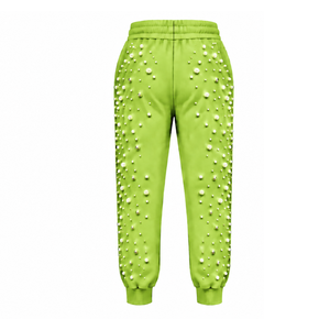 Lime Green Pearl Beaded Jogger Pants Women Luxury Embellished Drawstring Sweatpants Casual Streetwear <b>Fleece</b> <b>Trousers</b> Custom - Product Image 2