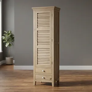 Armoire haute en bois massif avec portes à persiennes et 2 tiroirs, meuble de chambre rustique - Product Image 3