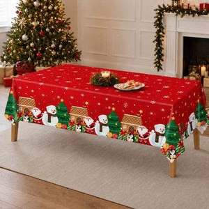Mantel navideño con estampado de casa de jengibre y muñeco de nieve rojo, decoración para fiestas navideñas - Product Image 1