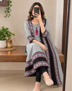 Conjunto Étnico Indio-Pakistaní de Kurti Anarkali de Seda Vichitra para Mujer, con Dupatta, Borde Bordado, Largo hasta el Tobillo, Materiales Reciclados - Product Image 3