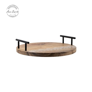 Acme Exports <b>Round</b> Wooden Serving Tray with <b>Black</b> Metal Handles Minimalist Design Engraved Pattern for <b>Table</b> Use - Product Image 1