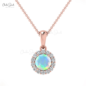 Chordia Jewels Genuine 4mm Ethiopian <b>Opal</b> Round Gemstone Halo Pendant 14k Solid Gold Diamond Drop Pendant <b>Necklace</b> Gift For Wife - Product Image 1