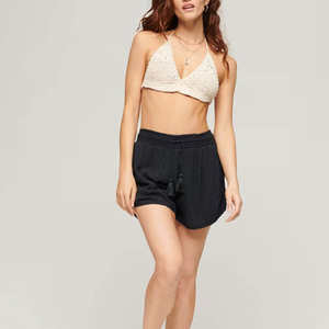 Shorts d'été décontractés pour femmes, noirs, à franges, avec cordon de serrage, taille élastique - Product Image 3