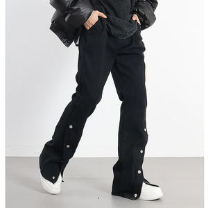 Pantalones Jogger de Algodón Desgastado para Hombre, Estilo Urbano, con Lavado Ácido Personalizado, Botones Laterales, Pierna Ancha Acampanada, Cintura Media, Estilo Holgado - Product Image 4