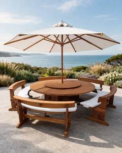 Premium <b>Round</b> Teak Wood Dining <b>Table</b> Set Luxury Parasol Garden Curved Bench - Product Image 1