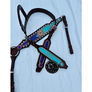 Ensemble de têtière et de collier de poitrine en cuir marron pour cheval de style western, avec conchos cloutés bleu turquoise, équipement équestre - Product Image 5