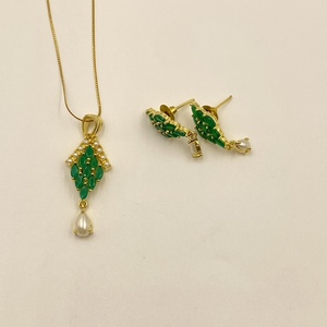 Best Bridal <b>Emerald</b> Crystal and Pearl Jewelry Set 22K Gold Plated Necklace with <b>Stud</b> Earrings At Factory Price - Product Image 2