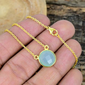 สร้อยคอประดับพลอยแคลเซโดนีทรงกลมจากเปรูแท้ ชุบทอง 18k บนเงินแท้ 925 - Product Image 2