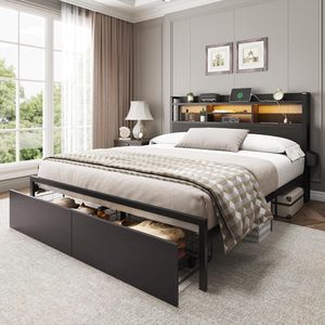 Cadre de lit intelligent en métal taille Queen OEM/ODM avec éclairage LED, tête de lit avec rangement gain de place, mobilier noir moderne - Product Image 5