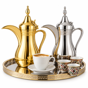 ชุดกาแฟดัลลาห์แบบตะวันออกกลาง ทำจากโลหะสีทองและสีเงิน ทนความร้อน พร้อมถ้วยเซรามิกตกแต่งสวยงาม ถาดรอง ผลิตโดยบริษัทอลาบานซา - Product Image 2