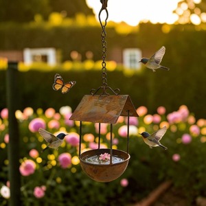 Bain d'oiseaux suspendu vintage fait main en fer, abreuvoir décoratif pour oiseaux de jardin extérieur, bol décoratif pour oiseaux de cour, décoration de jardin - Product Image 3