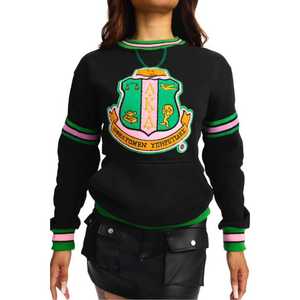 เสื้อสเวตเตอร์ปักลายตัวอักษรกรีกลำลองสวมใส่สบาย, เสื้อคอกลมปักลายแถบกำมะหยี่สีดำสวมใส่สบาย - Product Image 5