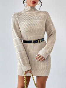 Women's Turtleneck Knitted Sweater <b>Dress</b> Solid Color <b>Long</b> Sleeve Bodycon Midi Woolen <b>Dress</b> - Product Image 4