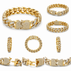 Pulsera Unisex de Plata 925 Chapada en Oro con Eslabones Cubanos Miami y Cierre de Moissanita Redonda y Baguette de Pragalbh Jewels - Product Image 6