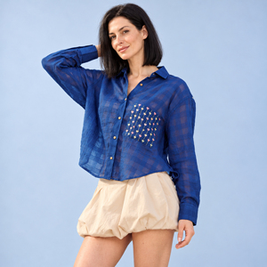 Camisa de Lino a Cuadros Transparente para Mujer, Manga Larga, Bolsillo Bordado, Blusa Holgada Estilo Boyfriend - Product Image 4