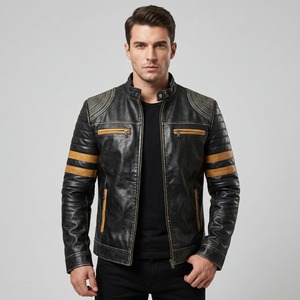 Custom Men Vintage Black Leather <b>Jacket</b> Quilted Shoulder <b>Biker</b> Moto <b>Jacket</b> Wholesale Cafe Racer Leather <b>Jacket</b> Manufacturer - Product Image 1