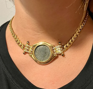14K Gold Plated Figaro Link Chain <b>Choker</b> Necklace with Diamond & Natural Stone Pendant Vintage Style Unisex Party Everyday Wear - Product Image 1