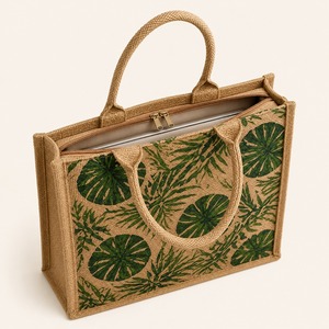 Sac fourre-tout en jute tissé personnalisé avec imprimé feuilles, poignée longue en corde, réutilisable pour le commerce de détail, l'épicerie et les cadeaux - Product Image 3