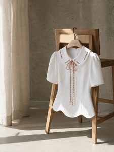 Conjunto de Dos Piezas Texturizado Blanco para Mujer, Blusa con Cuello Peter Pan y Falda Mini de Cintura Alta con Corte en A, EROVA - Product Image 4