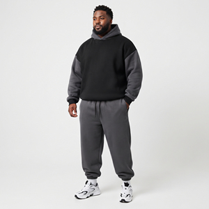Ensemble de survêtement en molleton thermique personnalisé pour homme, avec logo, grande taille, coton et polyester, pull tendance noir et gris, ensemble en molleton technique pour homme - Product Image 1