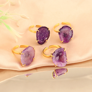 Natural Purple Druzy Agate Raw Gemstone <b>Adjustable</b> <b>Rings</b> Vintage Style Model 18k Gold Plated Brass Women Fashion Jewelry - Product Image 3