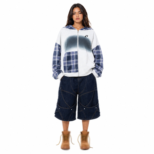 Sweat à capuche zippé intégral pour femme, manches à carreaux, gris clair, en molleton mélangé de coton, épaules tombantes, dégradé pulvérisé, style streetwear, automne-hiver, OEM - Product Image 2