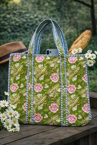 Sac fourre-tout matelassé pour femme, imprimé au bloc, écologique et élégant, avec fermeture ouverte, idéal pour le shopping quotidien et les voyages - Fabriqué en coton indien - Product Image 5