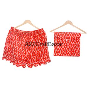 Ensemble de pyjama pour femmes, imprimé à la main, 100% coton, motif diamant, col en V, taille haute élastique, manches courtes, respirant, doux - Product Image 5