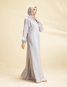 Muslim Women Everyday Luminous Pearl Abaya Set Saudi Solid Long <b>Elastic</b> Sleeve Floor-Length Straight Modest Full Cover Natural - Product Image 3