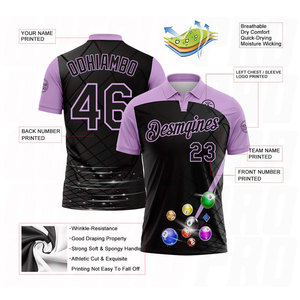 Bolas de Billar Personalizadas en Negro y Morado Claro, con Logotipo del Equipo y Nombre Bordado, Impresión Digital por Sublimación, Transpirables y Resistentes a la Humedad - Product Image 3