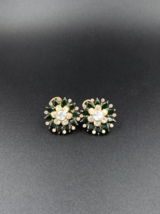 925 Sterling Silver Polki <b>Stud</b> Earrings Nano Green <b>Emerald</b> Flower Shape Indian Jewelry for Women - Product Image 1
