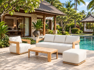 Conjunto de Muebles de Jardín de Madera de Teca, Mesa y Sofá para Patio, con Cojines, para el Borde de la Piscina, Hotel, Villa, Fabricante de Indonesia - Product Image 1